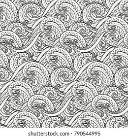 Doodle decorative ornamental curly vector seamless pattern. Cozy cute background for coloring pages