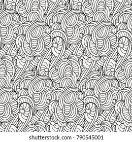 Doodle decorative ornamental curly vector seamless pattern. Cozy cute background for coloring pages