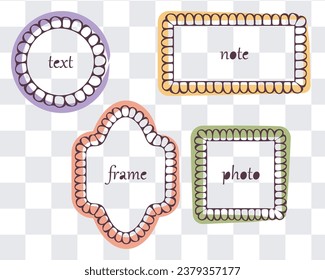 Doodle decorative style frame, outline borders and checkered background Set. Free hand drawn ink blob brush line stroke, colourful palette. Various geometric shapes, text space. Vector illustration