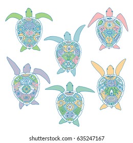 Doodle decorative tribal turtle animals vector illustrations set