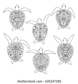 Doodle decorative tribal turtle animals vector illustrations set