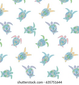 Doodle decorative turtle animals vector pattern 