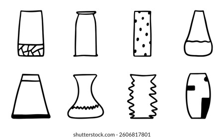 Doodle decorative vases and pots. Hand drawn Ceramic pottery, glass jar. Minimalist shapes in black colors. Contemporary art for home decor. Design element for poster, cover, brochure