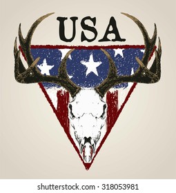 DOODLE DEER SKULL AND GRUNGE AMERICAN FLAG ISOLATED