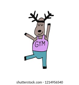 Doodle deer is training. . Naive style. Christmas deer. Isolated on white.