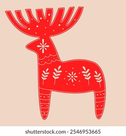 Doodle deer.Decorative Swedish element for Christmas, New Year design. Hand-drawn vector illustration isolated on beige background. Vector illustration EPS10