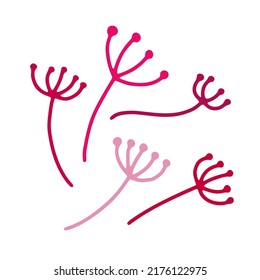 Doodle delicate twig. Hand-drawn cute plant isolated on white background. Pink Herb with small buds. Vector floral illustration for interior, gardening, holiday, wedding. Minimalistic botanical poster
