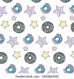 doodle delicious donut and stars patch background