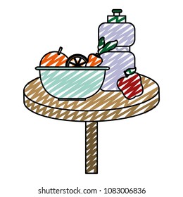 doodle delicious fruits with vegetable inside bowl and bottle water in the table