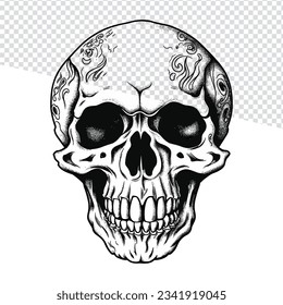 Doodle Delight: Vintage Skull Outline Art, Ideal for Flash Tattoo, Coloring, and Vector Projects on Transparent Background