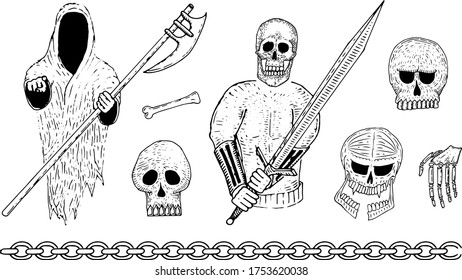 Doodle demons and skulls. Drawn death and evil hell knight. Skeletons and bones with a chain.
