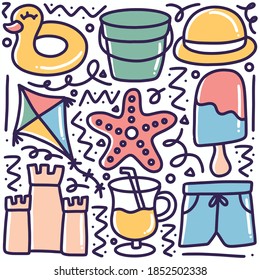 doodle depicting hand-drawn beach tools with design icons and elements