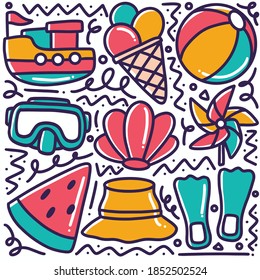 doodle depicting hand-drawn beach tools with design icons and elements
