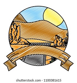 doodle desert mountains and road landscape with ribbon