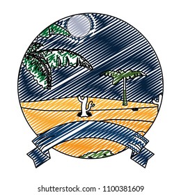 doodle desert palm tree and cactus landscape with ribbon