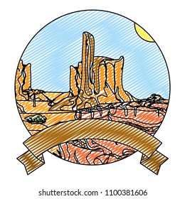 doodle desert palm tree and canyon landscape with ribbon