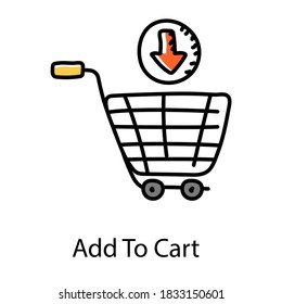 Doodle design of add to cart, downward arrow inside wheelbarrow 