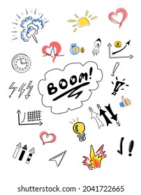 Doodle design concept of idea, finding a solution to the problem, boom. Eureka. Vector set of creativity line, brainstorm, inspiration, teamwork. Illustration.
