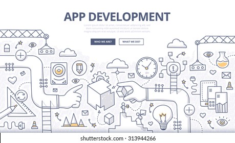 Doodle design concept of mobile application development, coding, creating digital product, managing process of app development. Line style illustration for web banners, hero images, printed materials