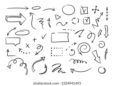 Doodle  design elements and arrows.  Elements for infographics. Hand drawn vector set of icons, frames, borders, arrows in isolated on white background.