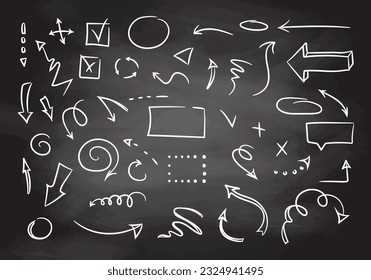 Doodle  design elements and arrows.  Elements for infographics. Hand drawn white vector set of icons, frames, borders, arrows in isolated on chalkboard  background.