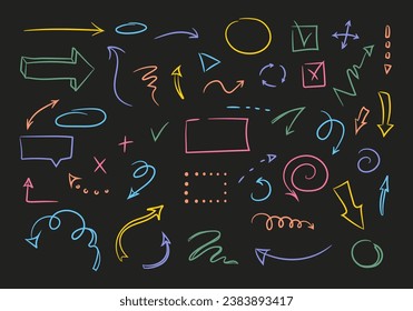 Doodle  design elements and arrows.  Elements for infographics. Hand drawn vector set of icons, frames, borders, arrows in isolated on white background.