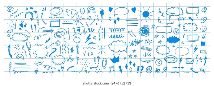Doodle Elementos de diseño y flechas. Elementos para infografías. Vector dibujado a mano conjunto de iconos, marcos, bordes, flechas en aislado sobre fondo de hoja de cuaderno a cuadros.	