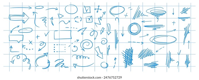 Doodle design elements and arrows. Elements for infographics. Hand drawn vector set of icons, frames, borders, arrows in isolated on checkered notebook sheet background.	