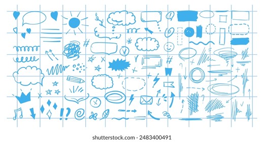 Doodle Elementos de diseño y flechas. Elementos para infografías. Vector dibujado a mano conjunto de iconos, marcos, bordes, flechas en aislado sobre fondo de hoja de cuaderno a cuadros.