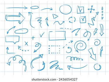 Dibuja elementos de diseño y flechas en el fondo de una hoja de cuaderno a cuadros. Elementos para infografías. Conjunto de vectores dibujado a mano de iconos de contorno azul, marcos, flechas aisladas.