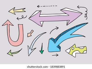doodle design elements. hand drawn arrows isolated on white background. Vector illustration.