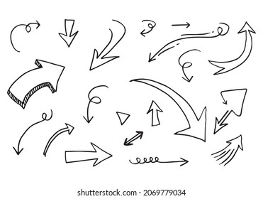 éléments de conception de doodle. flèches dessinées à la main isolées sur fond blanc. Illustration vectorielle.