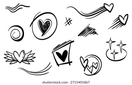 Doodle design elements heart collection. Hand drawn love heart symbols. isolated on white background