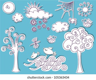 Doodle Design Elements - Nature, trees, clouds, sun, snow, sea, bees, bugs and more in a playful sketchy style, designed to be pinned to any page like black and white cutouts