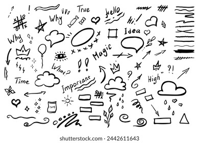 Doodle design elements, on white background. Marker pen lines, Arrows, crowns, brush stroke, sun, cloud, star. Vector illustration on white background