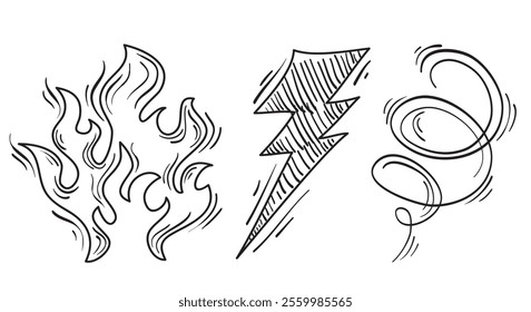 Doodle design elements, wind blow, swirl, fire flame and thunder bolt symbol. isolated on white background. vector hand drawn illustration