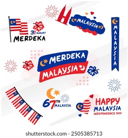 Doodle Design glückliche Unabhängigkeit Tag Malaysia, mit Feuerwerk und wie, Liebe Fahne Ballon, Typografie Vektorbanner Illustration