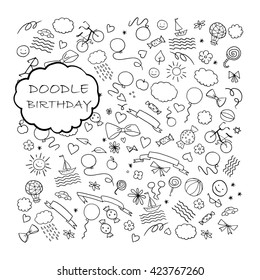 Doodle design. Holiday symbols elements vector set. Hand drawn illustrations, Holiday, Vacation, travel, childhood, sport, school, birthday, food.