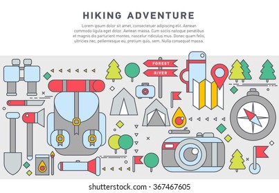 Doodle design illustration of hiking, backpacking trip, trekking in mountains, adventure lifestyle. Hiking equipment. Modern line style illustration for web banners, hero images, printed materials