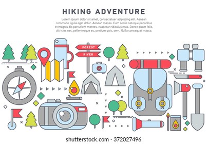 Doodle design illustration of hiking, backpacking trip, trekking in mountains, adventure lifestyle. Hiking equipment. Modern line style illustration for web banners, hero images, printed materials