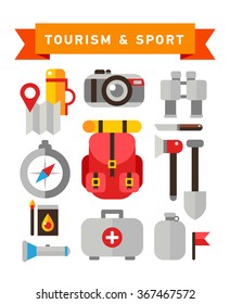 Doodle design illustration of hiking equipment. Modern line style illustration for web banners, printed materials