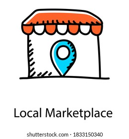 Diseño de Doodle del marcador de mapa con construcción de tienda, concepto de mercado local