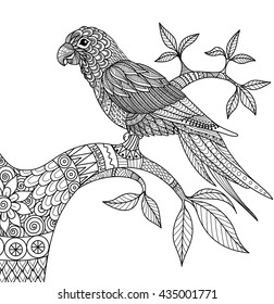 Doodle design of parrot on branch for adult coloring book