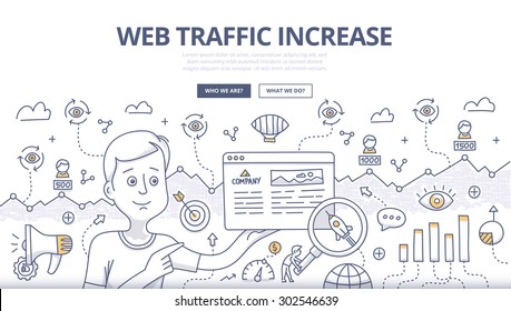 Doodle design style concept of analyzing SEO data and building strategy to increase traffic to website. SEO conceptual linear illustration for web banners, printed and promotional materials