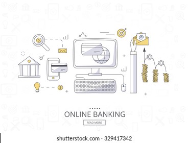 Doodle design style concept  banner of online payment methods. Icons for online payment gataway, mobile payments, electronic funds transfers and bank wire transfer. Modern line style illustration. 