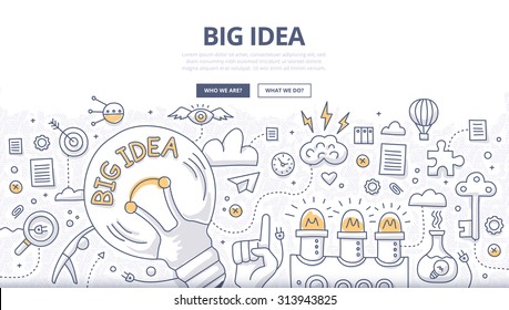 Doodle design style concept of big idea, finding solution, brainstorming, creative thinking. Modern line style illustration for web banners, hero images, printed materials