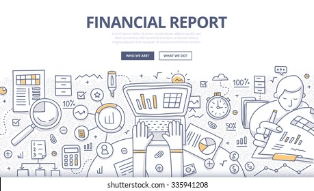 Doodle design style concept of business reporting, financial communication and investment. Modern line style illustration for web banners, hero images, printed materials