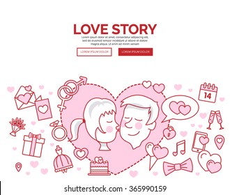 Doodle design style concept of card. St. Valentine's day line icon set. Love, wedding or dating romantic symbols. Heart, rings, love letters, gift, messages, dress. Linear Collection.