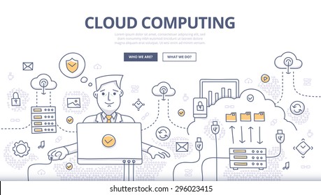 Doodle design style concept of cloud computing technology, web hosting, digital connections.Modern line style concept for web banners, online tutorials, printed and promotional materials