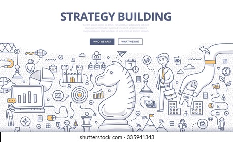 Doodle design style concept of developing business growth strategy, business environment analysis, decision making. Modern line style illustration for web banners, hero images, printed materials